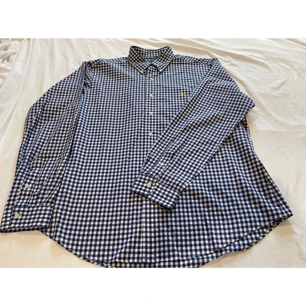 Polo Ralph Lauren Mens XL Custom Fit Gingham Shirt Navy Blue White Long Sleeve